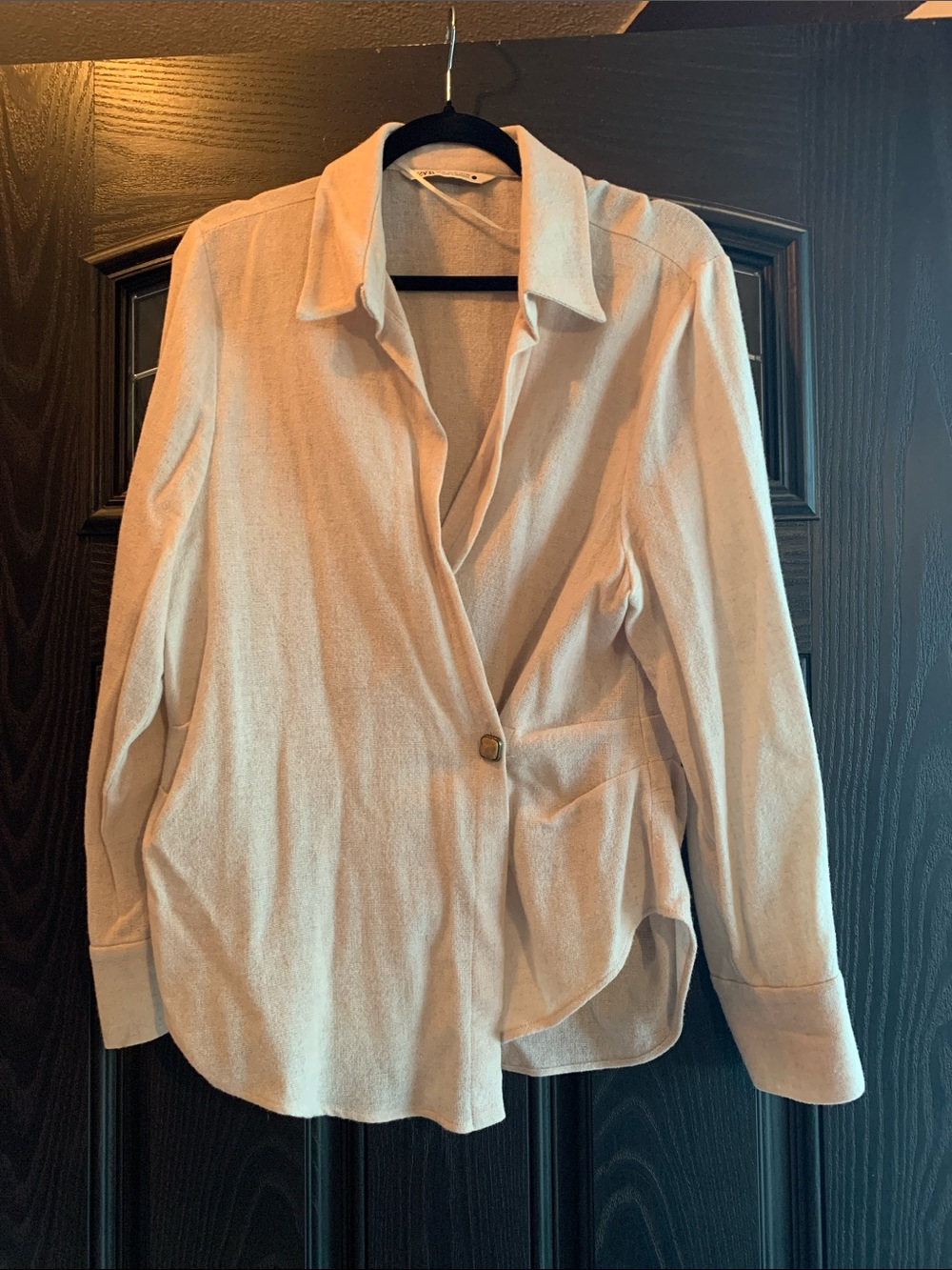 Zara Wool Blend Cream Single-Button Women's Gathered Wrap Blouse